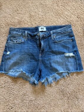 PAIGE Medium Blue Distressed Denim Cutoff Shorts